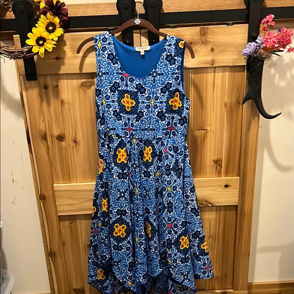 Magic Asymmetrical Dress with Blue and Yellow Floral Design